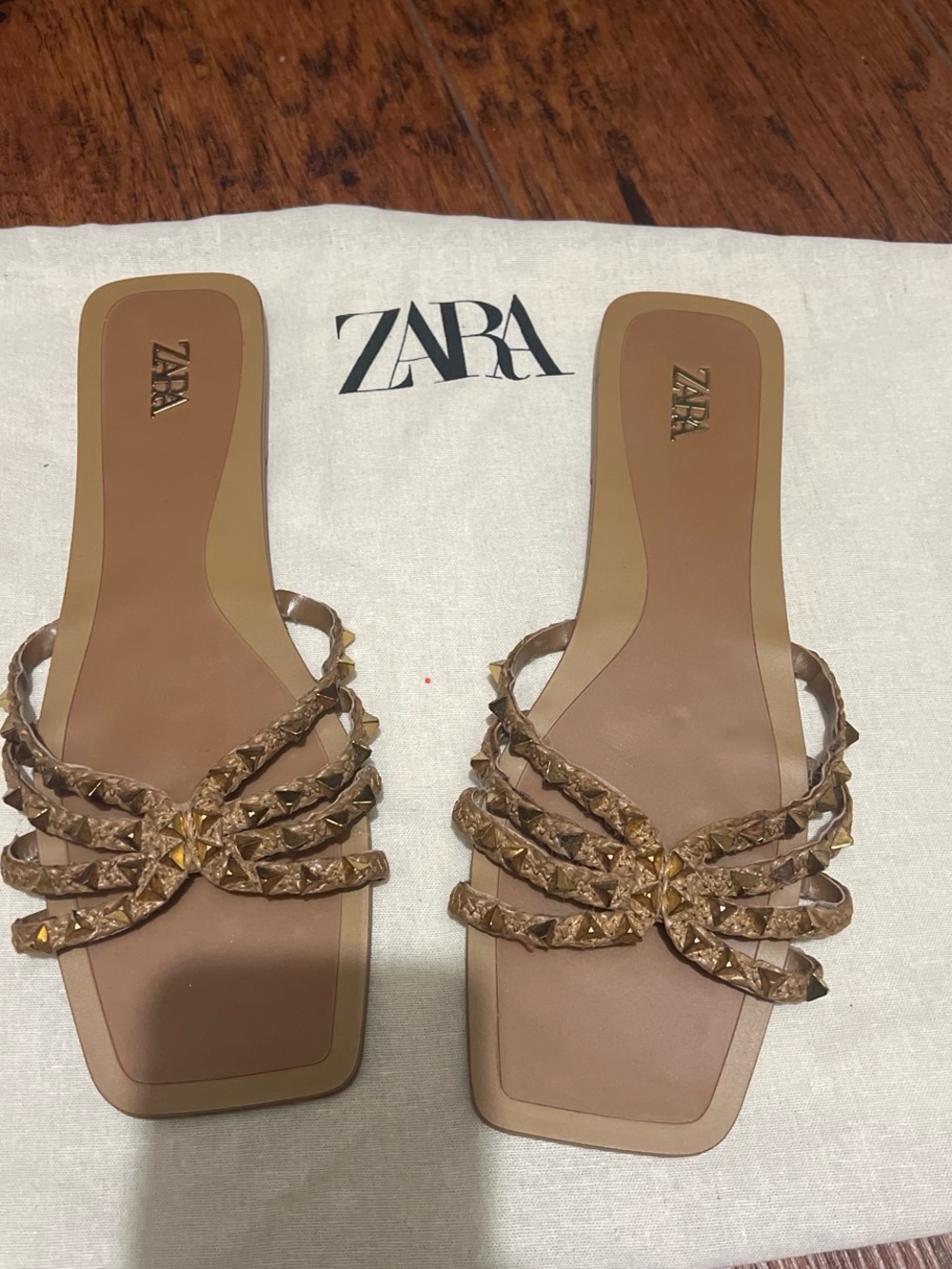 Zara Metallic Gold Braided Studded Slide Sandals